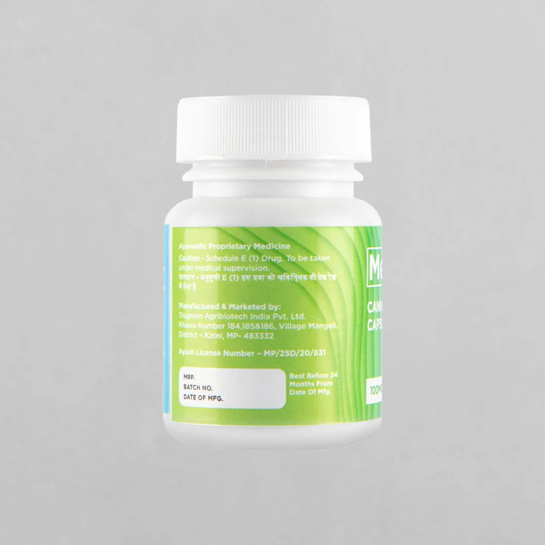 White bottle labeled "MediCann Cannabis Leaf Extract Capsules, 50mg, 30 Capsules