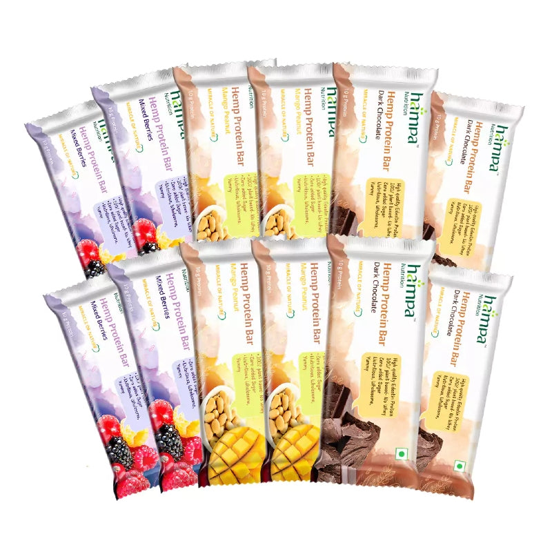 Multiple packages of Hemp protein bars on a white background