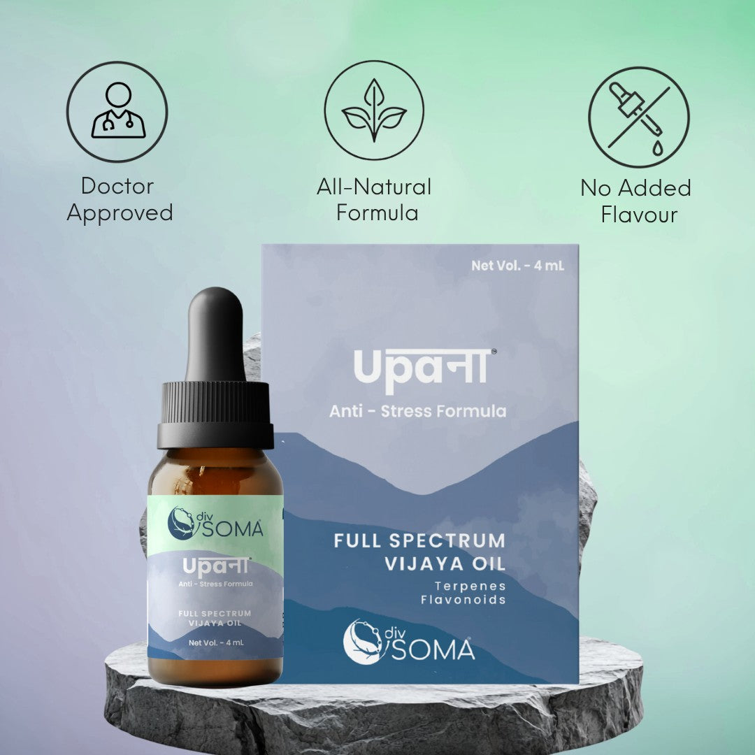 DivSoma Full spectrum CBD oil bottle and packaging with 'UpaNa' branding on a gradient background.