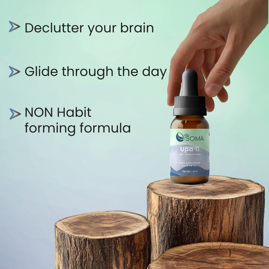Bottle of DivSoma Upana CBD Oil bottle on wooden blocks with text about brain decluttering and habit formation.