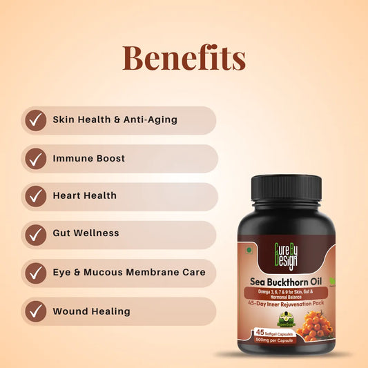 Sea Buckthorn Oil supplement bottle with health benefits listed on a beige background