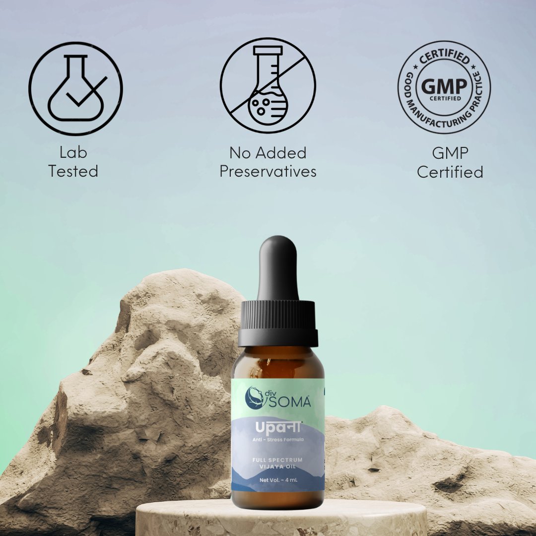 DivSoma Upana full-spectrum CBD Oil tincture bottle with certification icons on a natural stone background