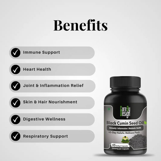 Black cumin seed oil supplement bottle with listed benefits on a gray background