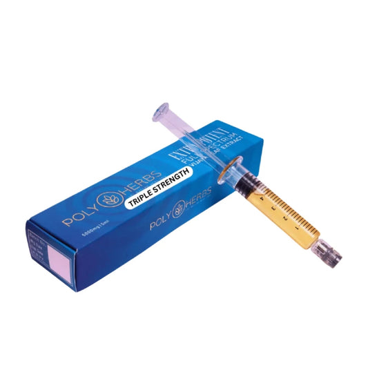 Blue box with a syringe labeled 'Triple Strength Medical Cannabis Extract' by Poly Herbs on a white background