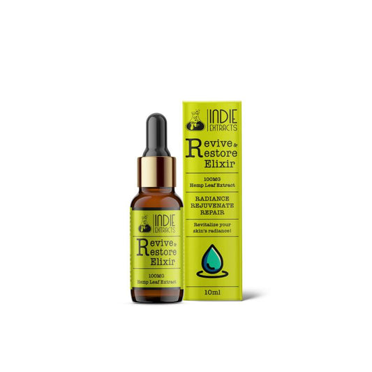 Indie Extracts Revive & Restore Elixir bottle with dropper and the green product box.
