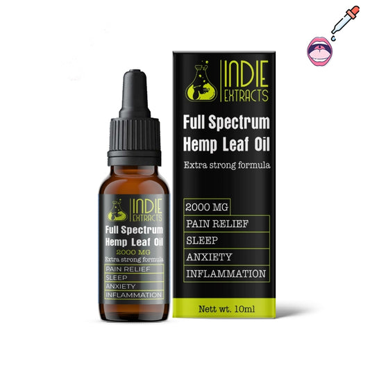CBD oil bottle labeled "INDIE EXTRACTS Full Spectrum Hemp Leaf Oil" beside matching packaging box with 2000 MG dosage and benefits listed.
