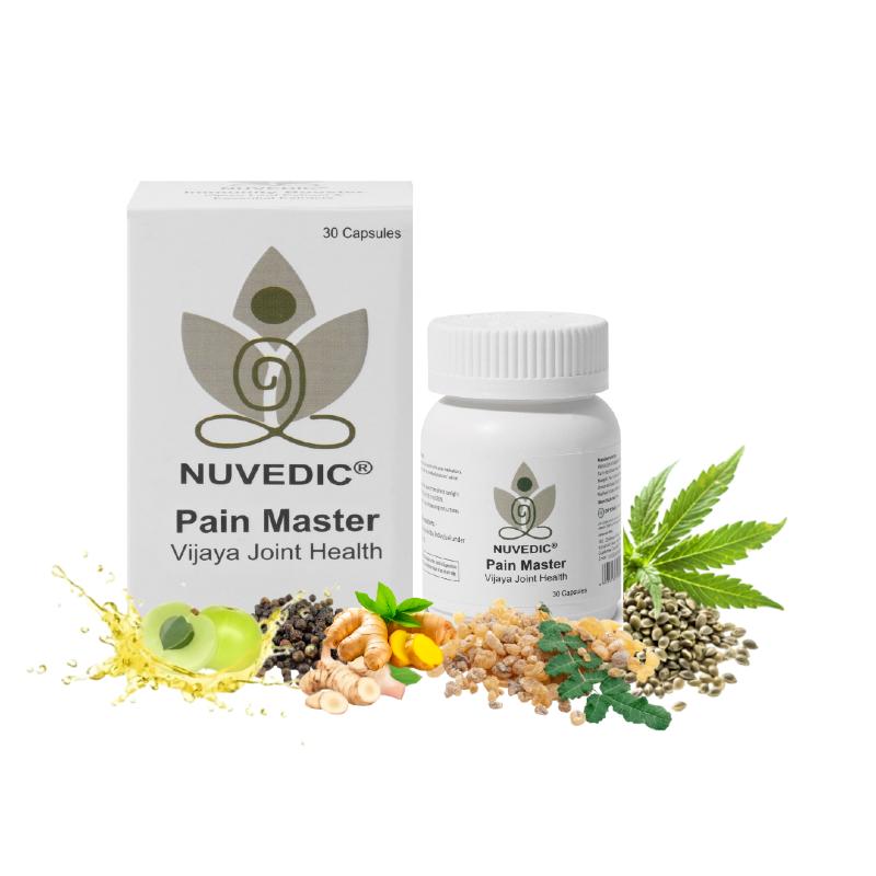 White box and bottle of NUVEDIC Pain Master capsules with natural ingredients like hemp seeds and turmeric in front.