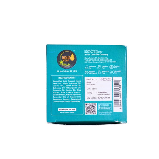 Back of a blue packaging box with text and a logo on a white background