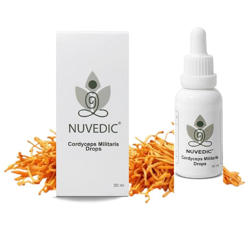 Nuvedic Cordyceps Oil Drops box and bottle with an orange Cordyceps background.