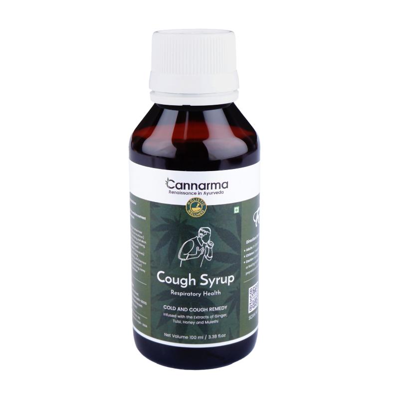 Cannarma cough syrup bottle with a white cap and green label.