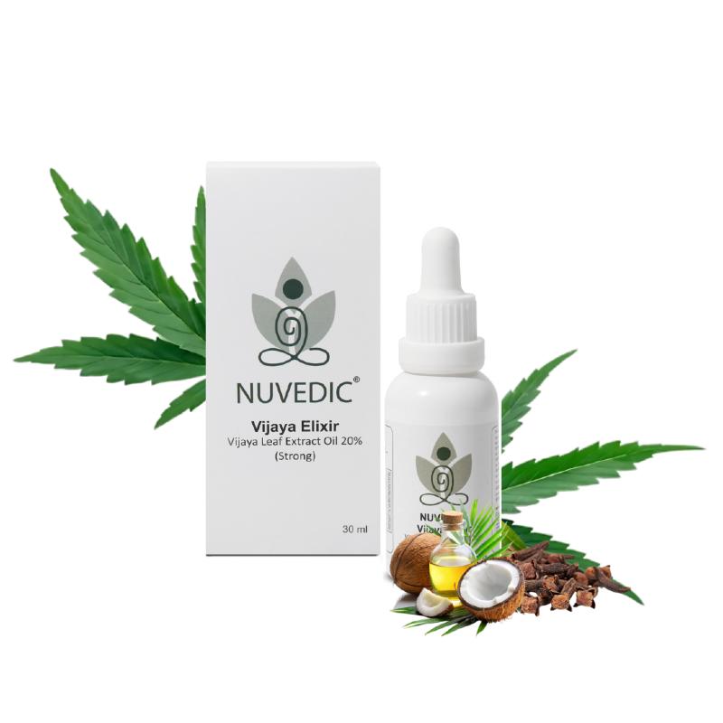 CBD oil product with box and bottle, showing cannabis leaves, coconut, cloves, and oil.