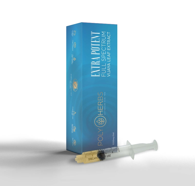 Blue box labeled 'Extra Potent Full Spectrum Medical Cannabis Extract' by Poly Herbs with a syringe on a white background.