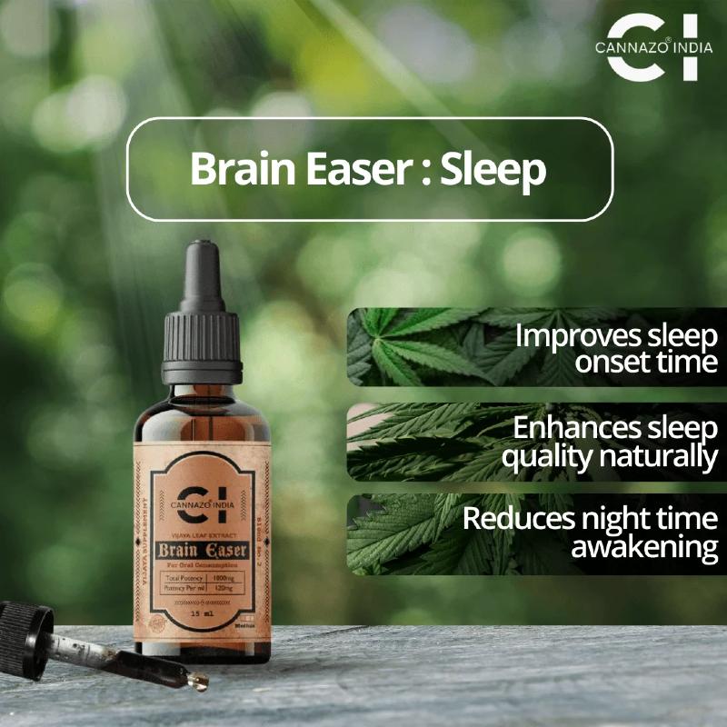 CBD Oil Bottle of 'Brain Easer Sleep' with cannabis leaves and text on a blurred green background