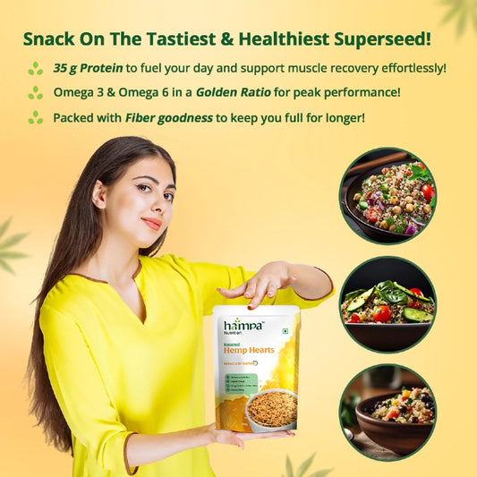 Woman holding a package of hemp hearts with health benefits highlighted on a yellow background