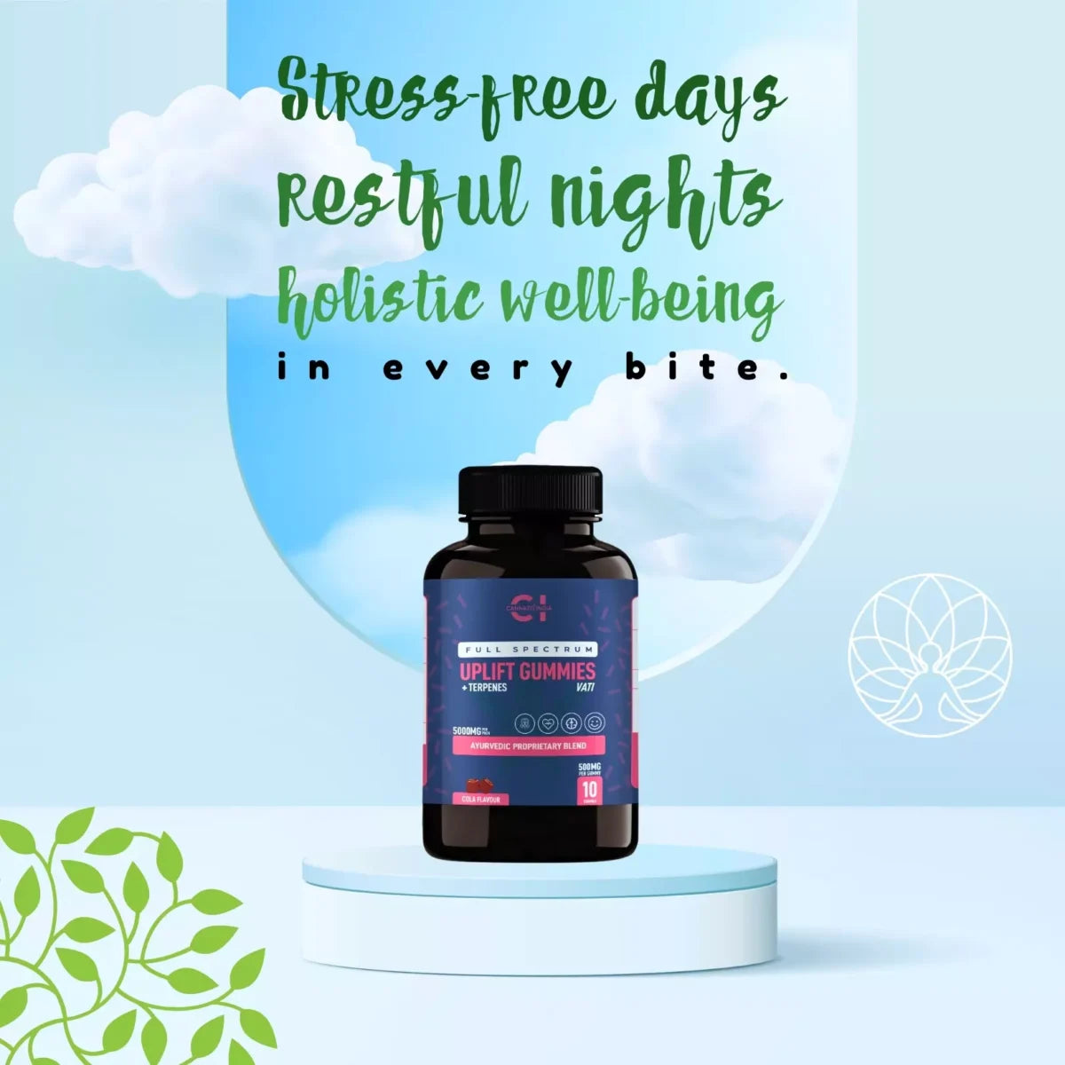 A bottle of cbd gummies on a light blue platform with clouds and text about stress relief and well-being.