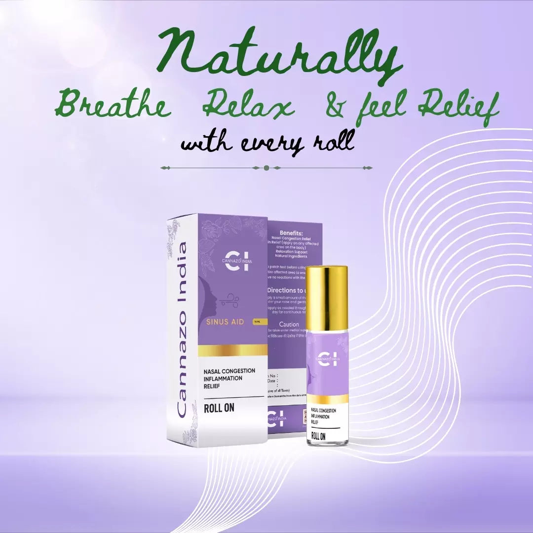 Promotional display of Cannazo India's Sinus Aid roll-on against a purple background.