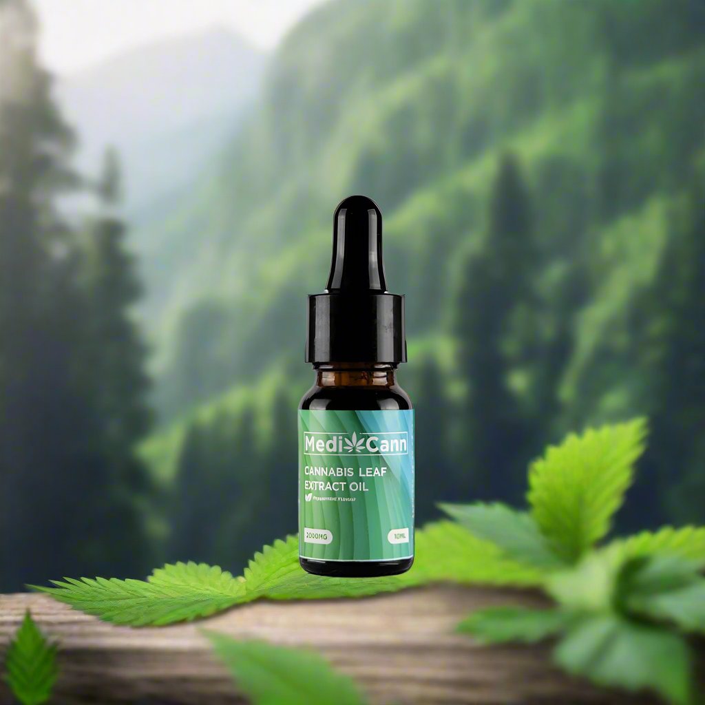 Small amber glass dropper bottle with a black cap labeled "MediCann Cannabis Leaf Extract Oil, 3000MG, 10%".