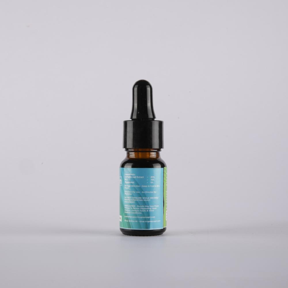 Small amber glass bottle with a black dropper cap and a blue-green label with white text against a white background.