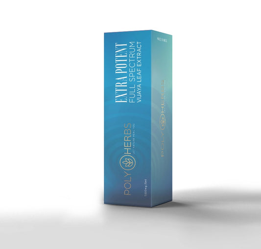 Blue box of Poly Herbs Extra Potent Full Spectrum Medical Cannabis Extract on a white background