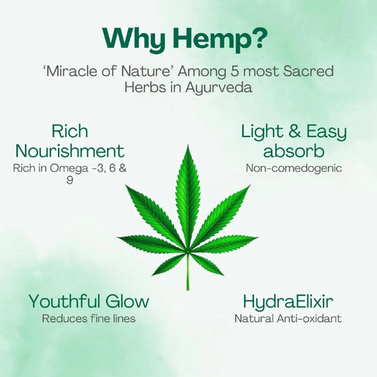Promotional graphic about hemp with a green leaf and text on a light green background