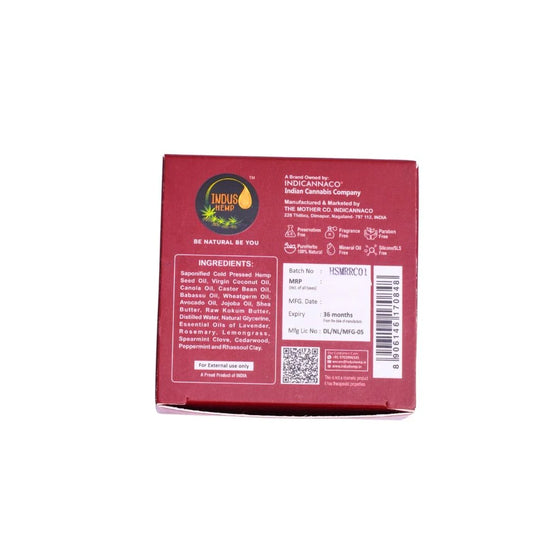 Back of a red box with branding and text on a white background