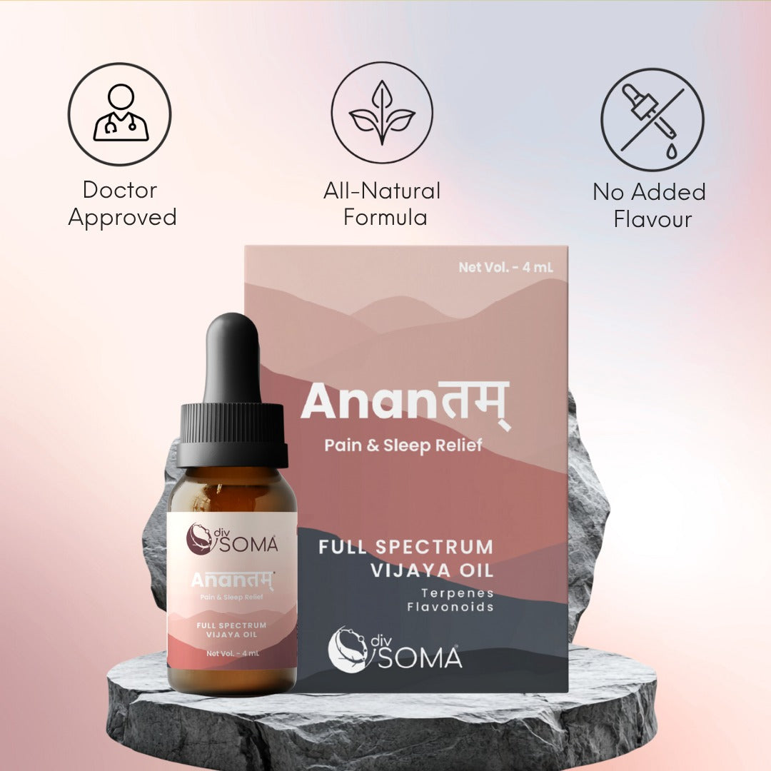 DivSoma Anantam CBD oil bottle and packaging on a stone platform with product features listed.