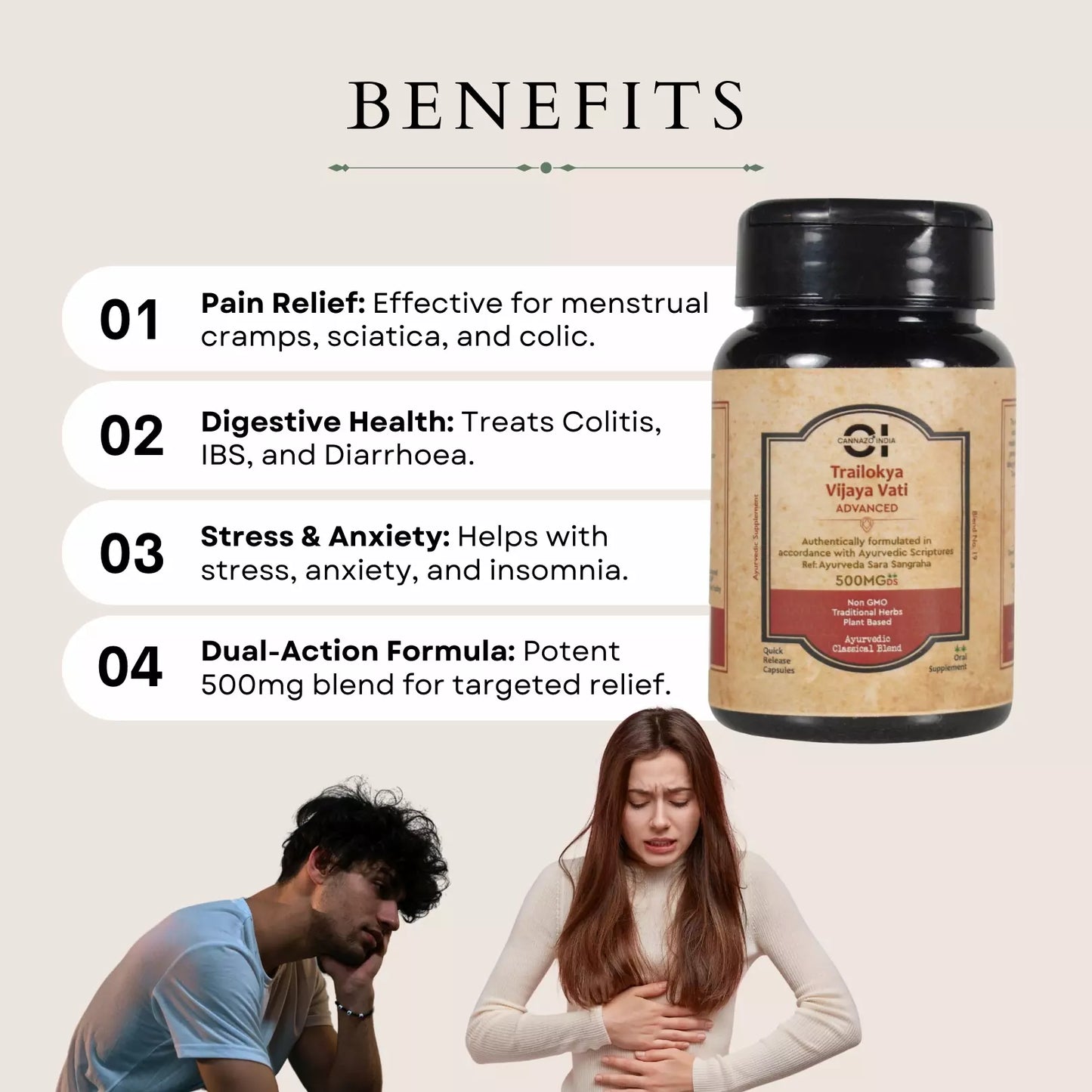 Image of a cannazo cbd supplement bottle with a list of benefits including pain relief, digestive health, and stress management.