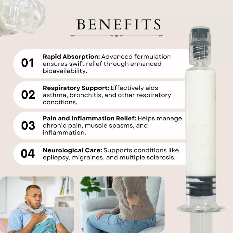 Cannazo Cananronil Product benefits listed with a syringe on a light pink background
