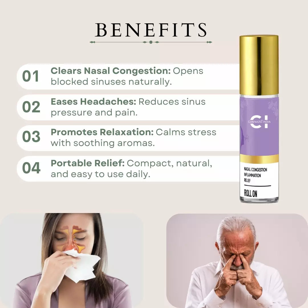 Advertisement for nasal congestion relief roll-on with benefits and images of affected individuals.