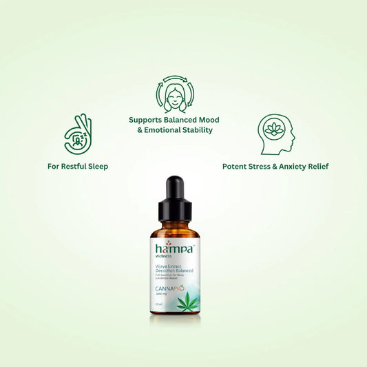 Hampa CBD oil bottle with benefits text on a light green background