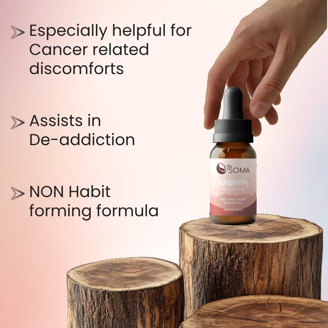 Bottle of DivSoma CBD product on wooden blocks with text about its uses.