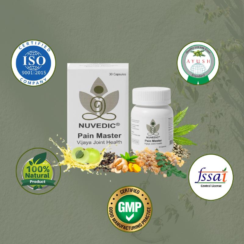 Nuvedic Pain Master Vijaya Joint Health CBD capsules with certifications and natural ingredients.