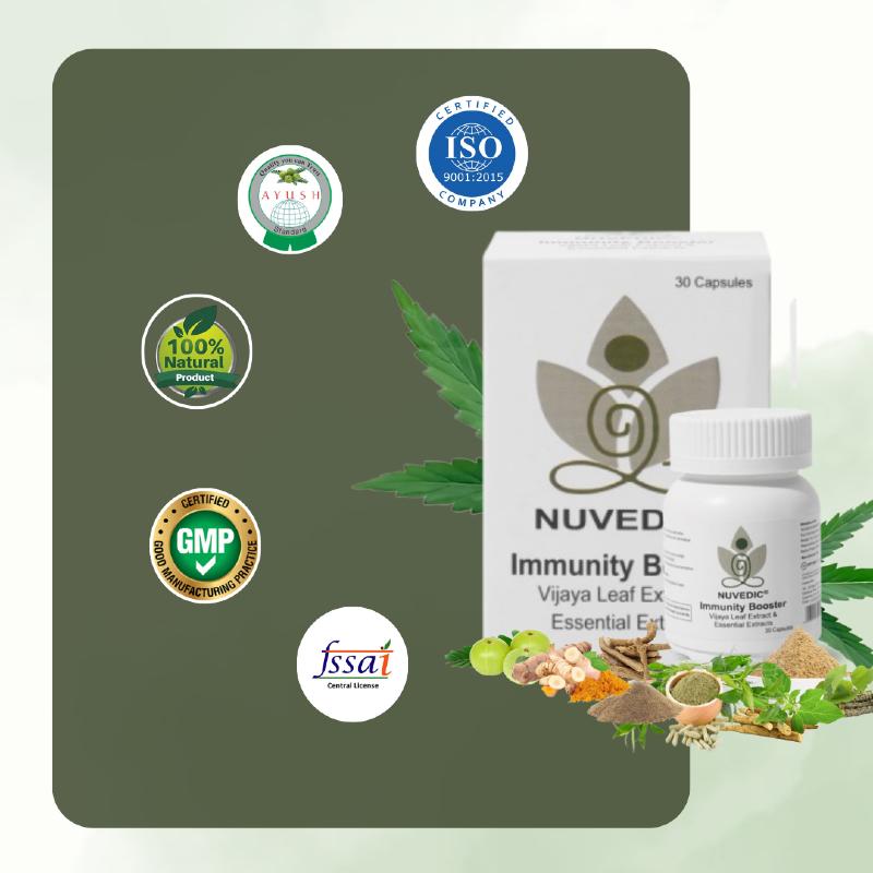 Product advertisement for Nuvedic CBD Capsules for Immunity with a box and bottle surrounded by natural ingredients and certification logos.