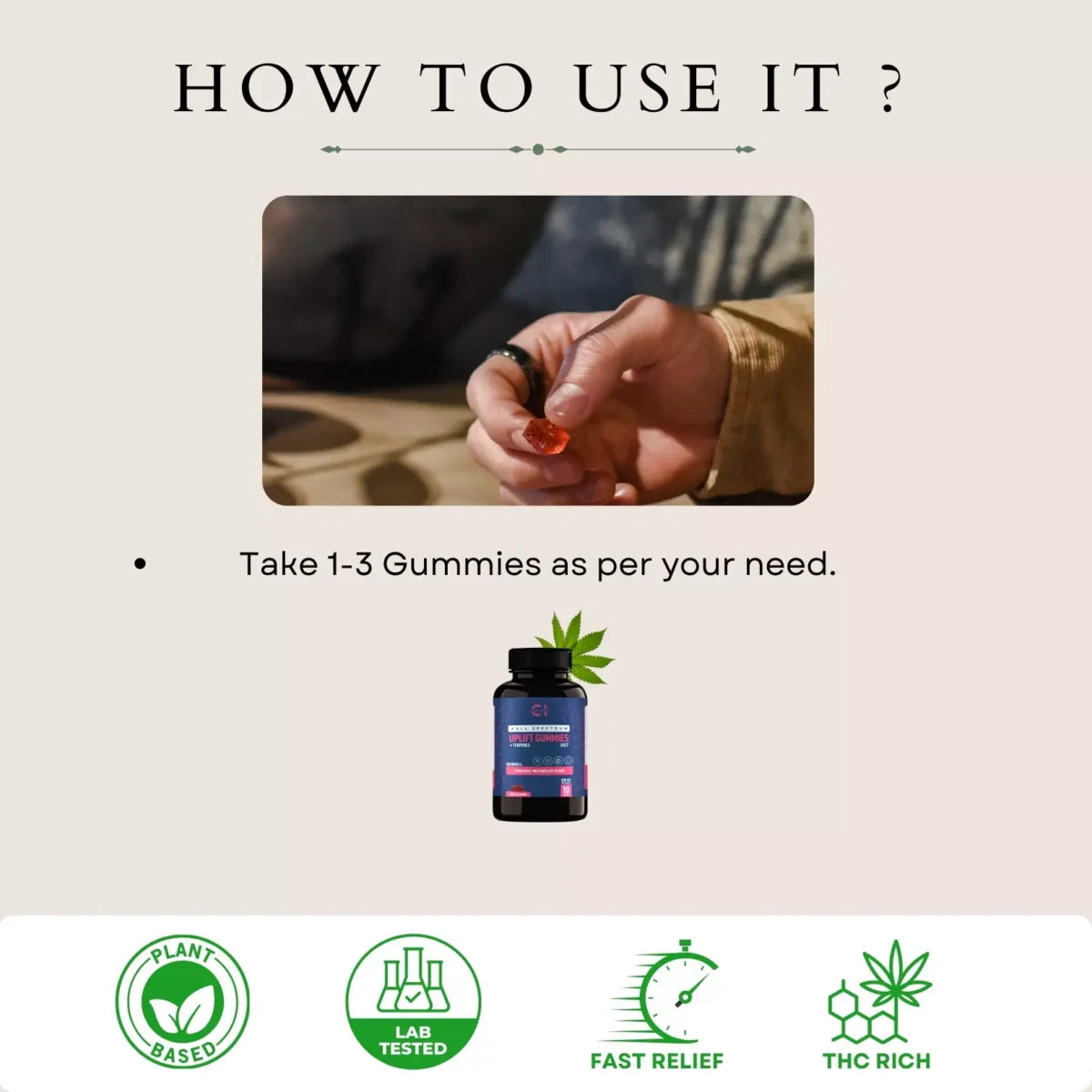 A promotional image detailing how to use gummies with textual instructions and product benefits.