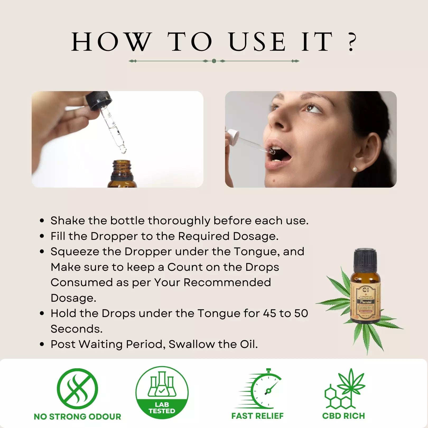 Instructional image on using a CBD oil dropper with text steps and benefits icons.