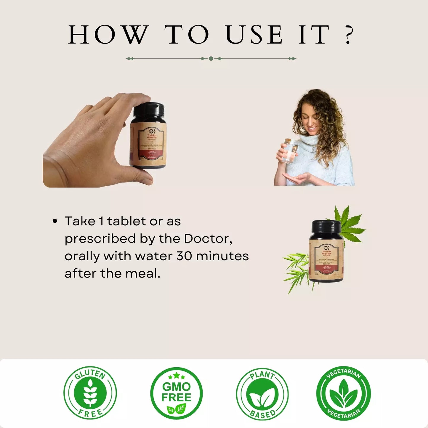 Hands holding a cannazo cbd supplement bottle with usage instructions and gluten-free, GMO-free, plant-based, vegetarian badges.