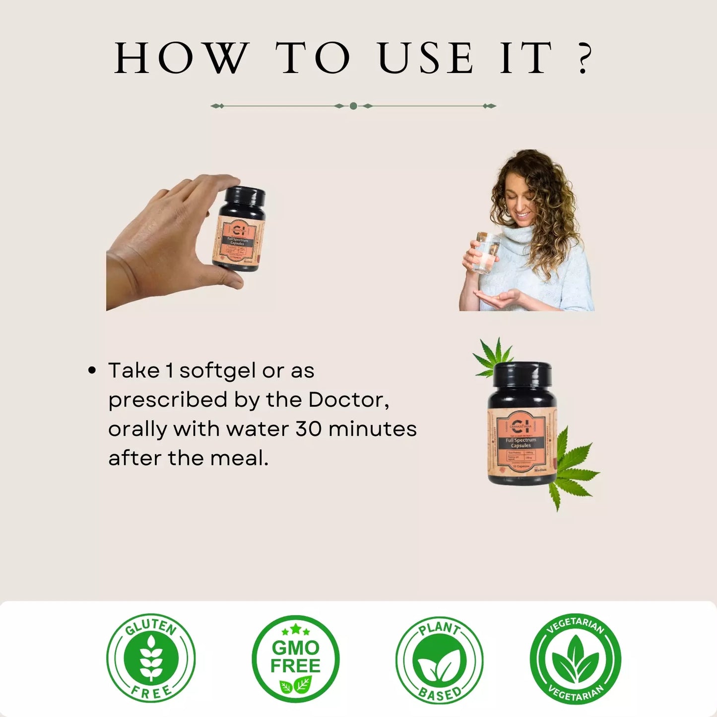 A graphic explaining how to use a supplement, with instructions and certification icons below.