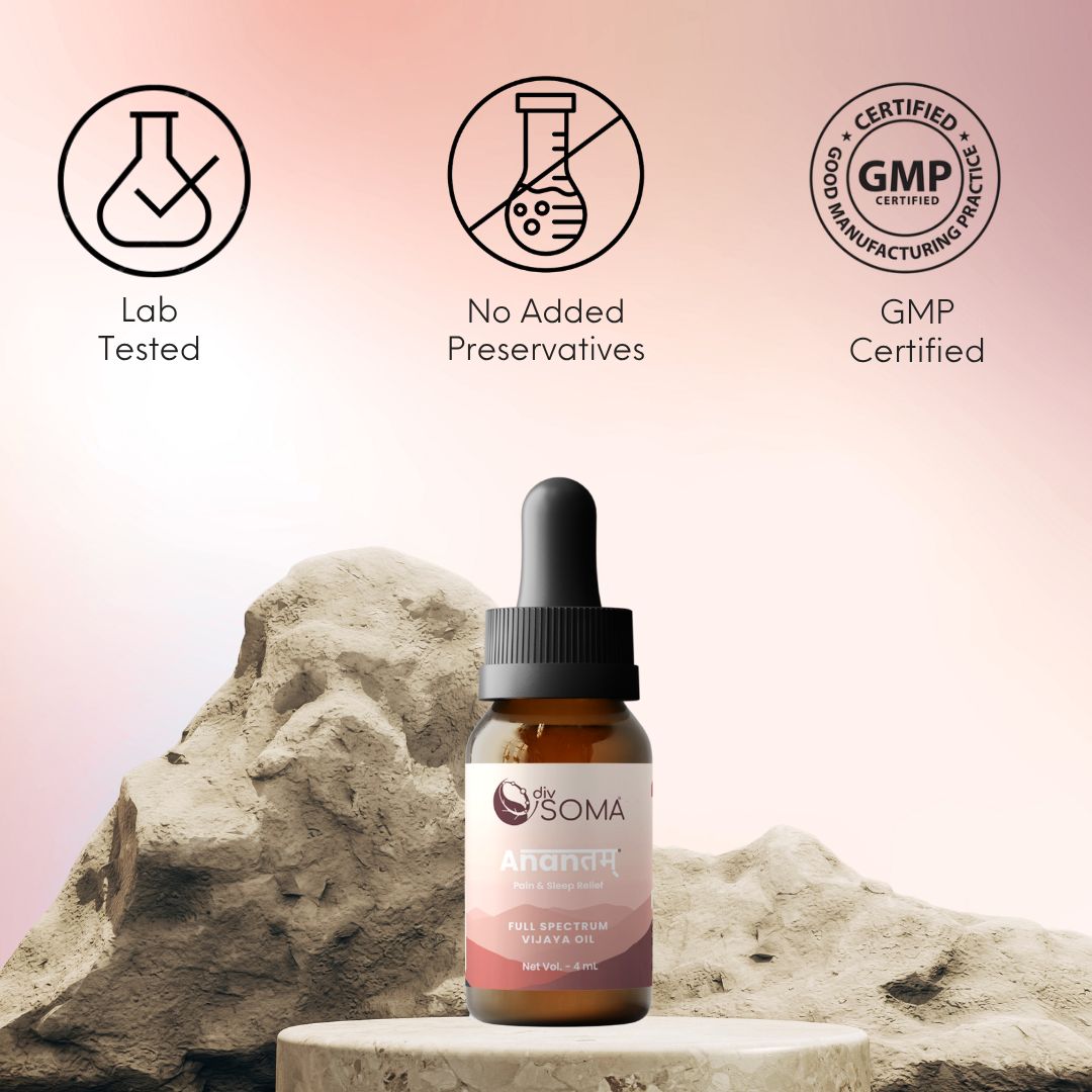 Bottle of DivSoma CBD product with lab tested, no added preservatives, and GMP certified icons on a natural rock background.