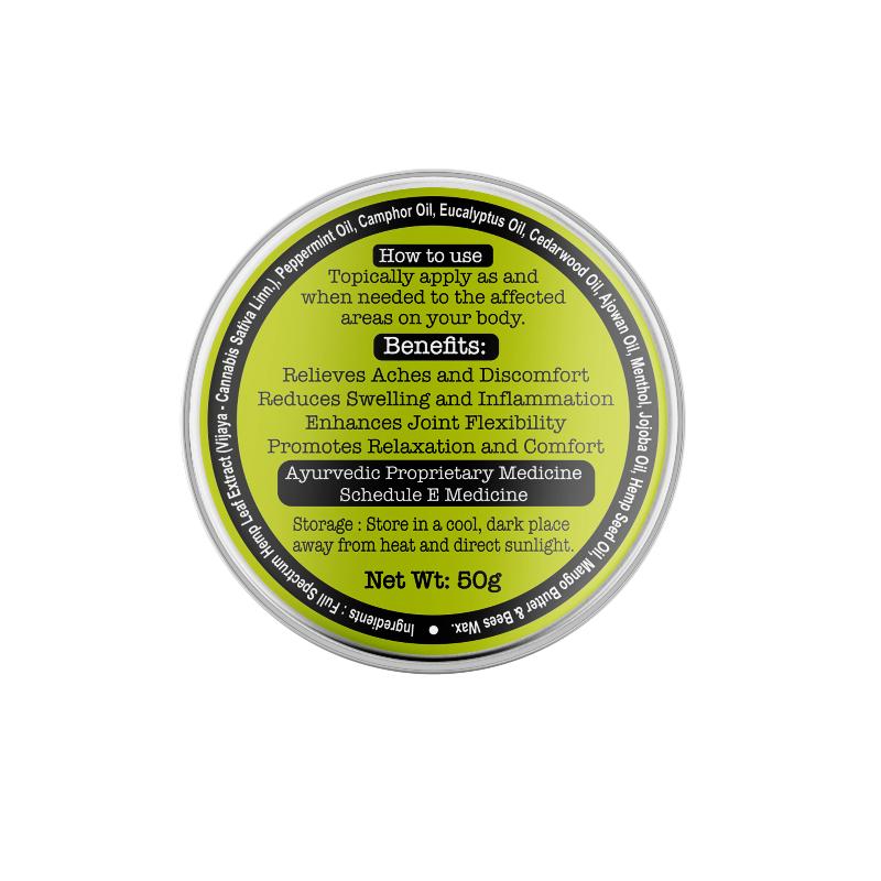 Top view of a circular balm container with a metallic lid and gradient yellow-green label.