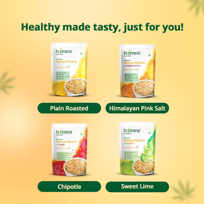 Four packages of hampa Hemp Hearts with different flavors on a yellow background.