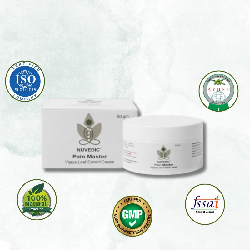 "NUVEDIC Pain Master Vijaya Leaf Extract Cream with certification logos."