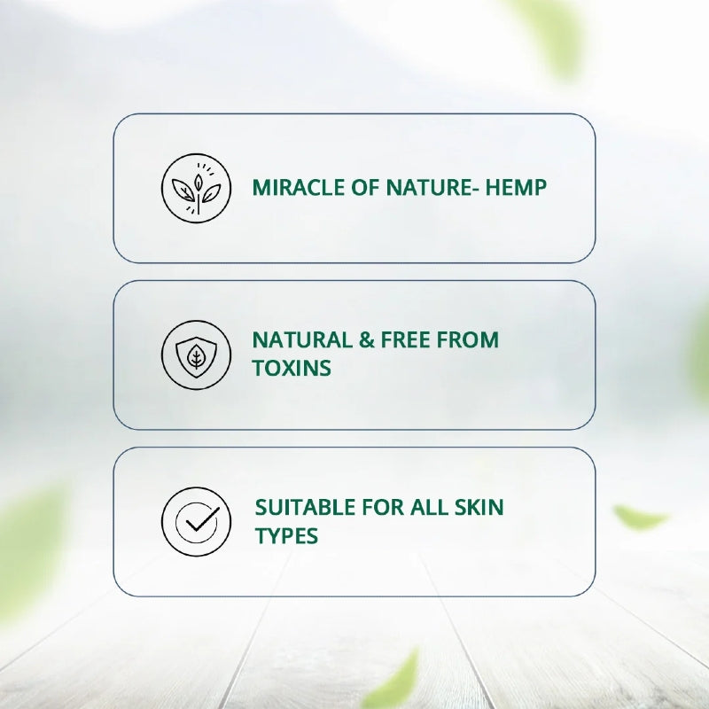 Text overlay on a light background with green accents, highlighting properties of 'Miracle of Nature Hemp'.