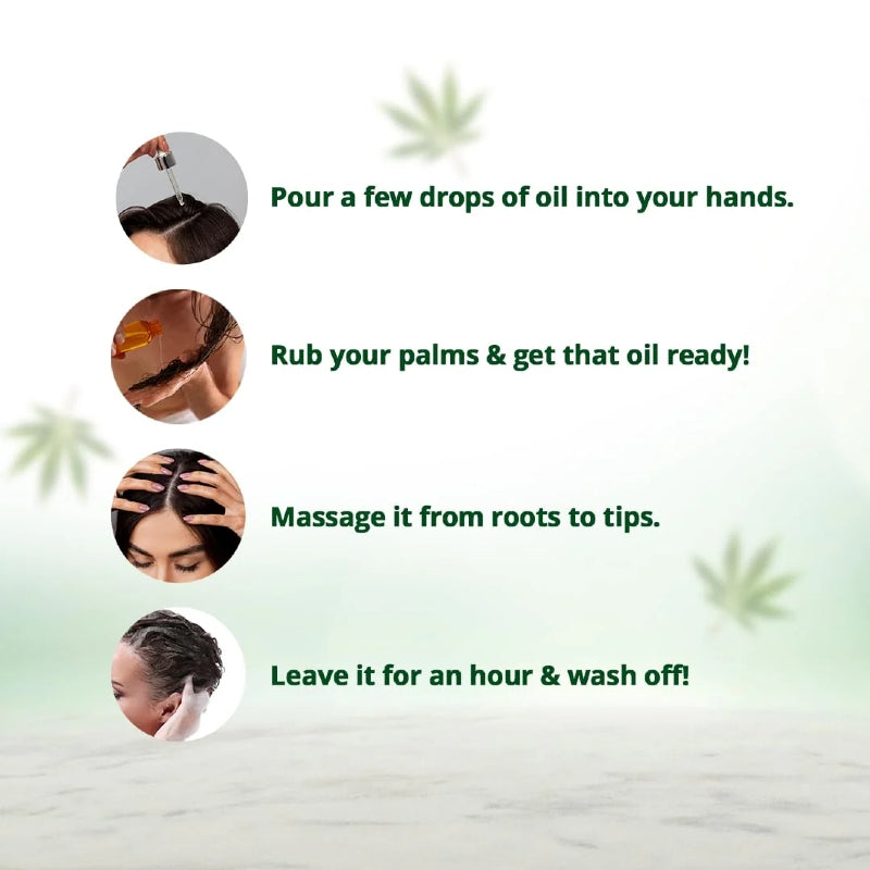 Step-by-step guide for using a hair oil product with text instructions on a green background.