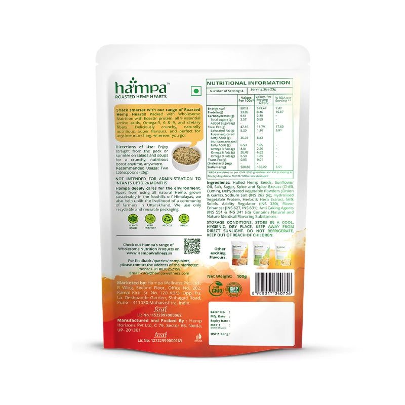Hampa roasted hemp hearts packaging with nutritional information on a white background