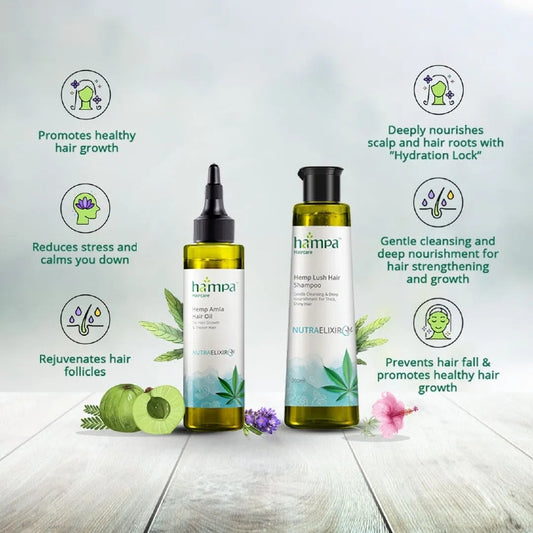 Two bottles of Hampa hemp hair care products on a wooden surface with promotional text.