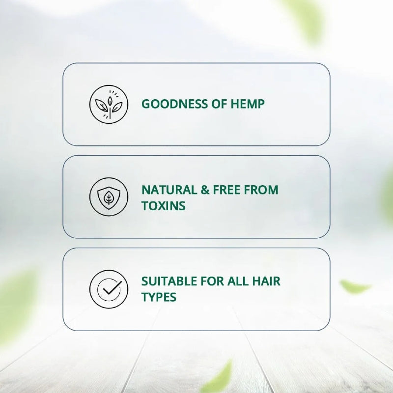 Text overlay on a light background with green text and icons about the goodness of hemp.