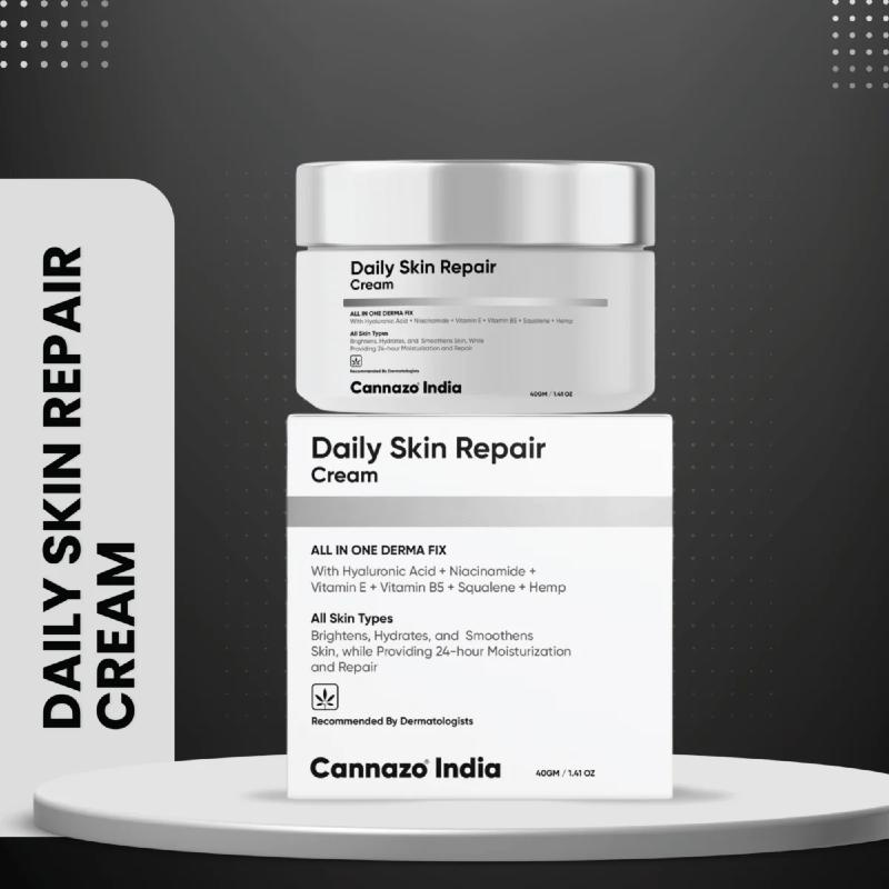 Cannazo India Daily Skin Repair Cream jar and packaging on a gray background