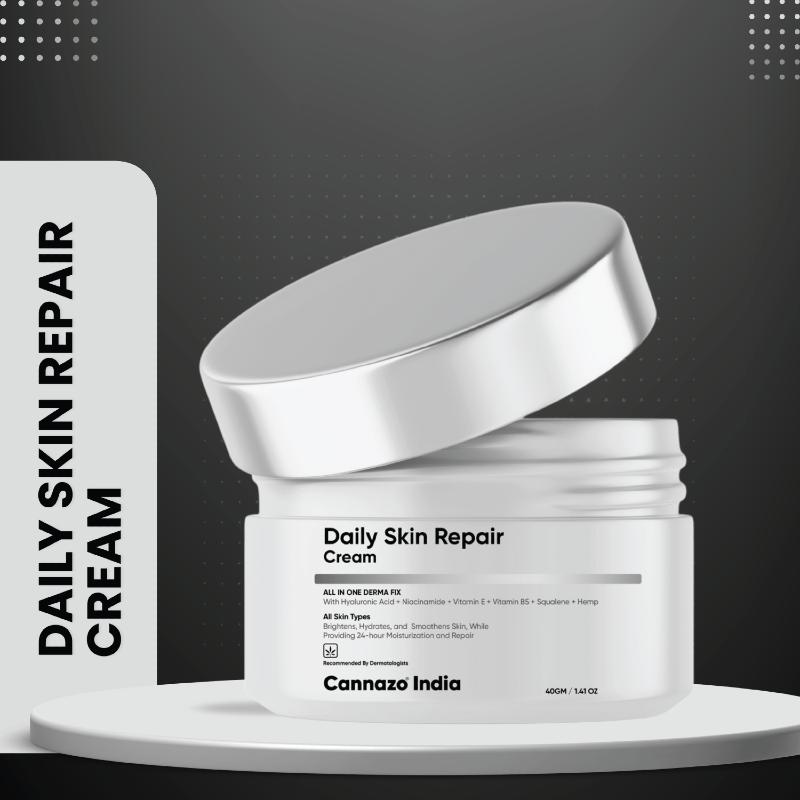 Cananzo CBD Daily Skin Repair Cream jar with open lid on a gray background