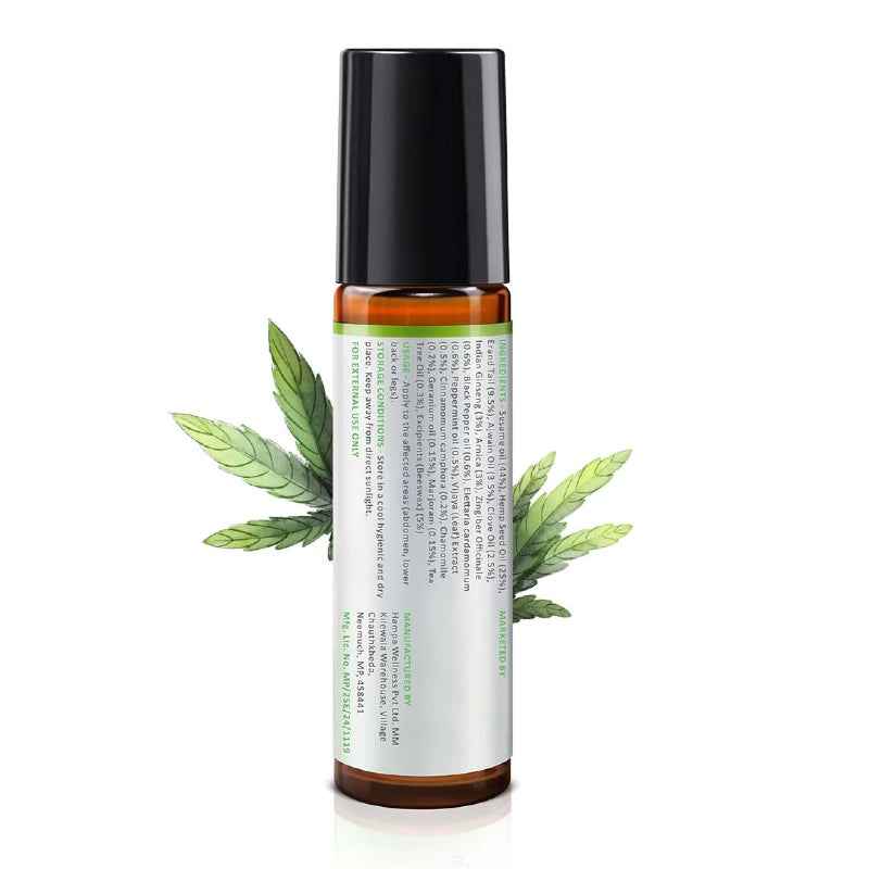 Hemp Roll-on bottle with cannabis leaves on a white background