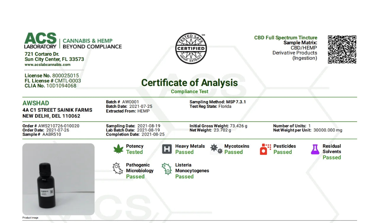 Image of a Certificate of Analysis for a Awshad CBD product including lab results and a QR code.
